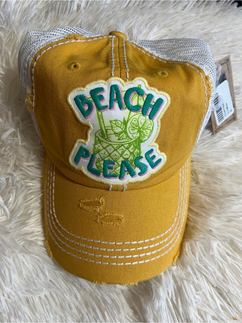 Yellow 'Beach Please' Embroidered Trucker Hat